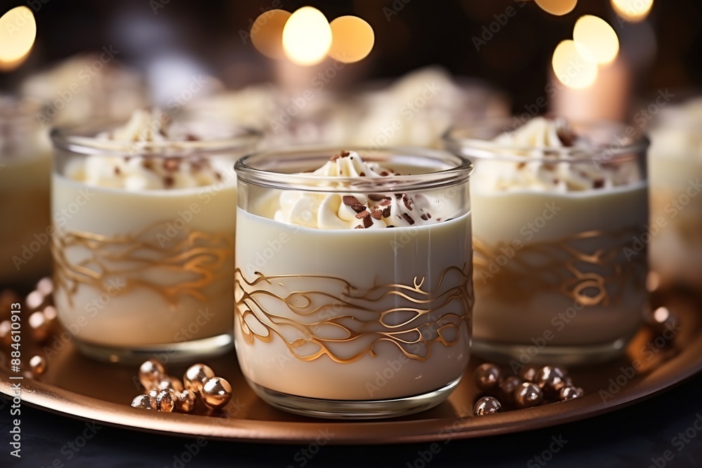 Romantic dessert setting on a dark background, featuring glasses with white leaf decorations. Romantic dessert setting on a dark background, featuring glasses with white leaf decorations.