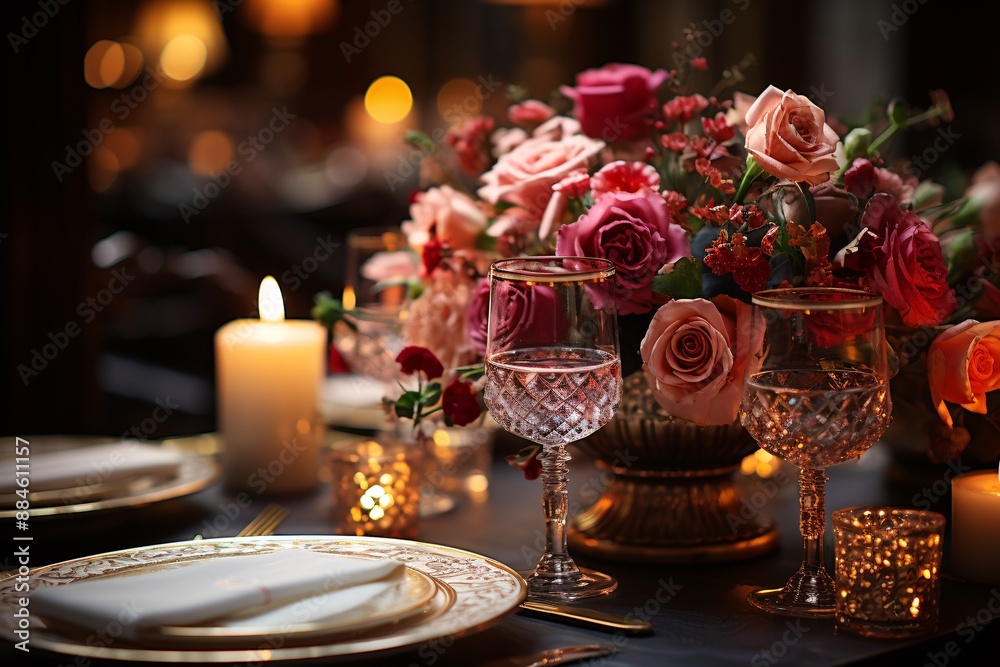 Elegant dining table setting with floral arrangement, candles, and crystal glasses. Elegant dining table setting with floral arrangement, candles, and crystal glasses.