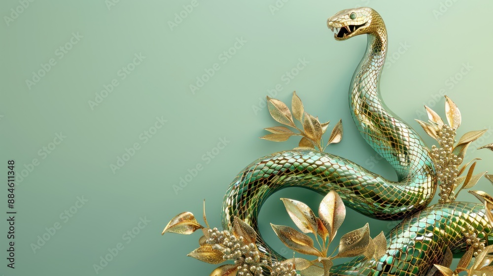 Obraz premium Green wooden snake with Christmas decorations and holiday decor. Symbol of Chinese New Year 2025.