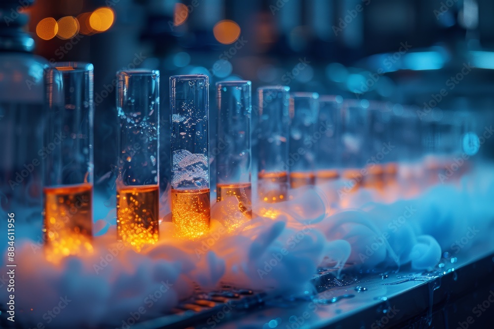 Bubbling test tubes glow orange in misty blue lab. Sci-fi vibes with smoky atmosphere and city lights in background. Bubbling test tubes glow orange in misty blue lab. Sci-fi vibes with smoky atmosphere and city lights in background.