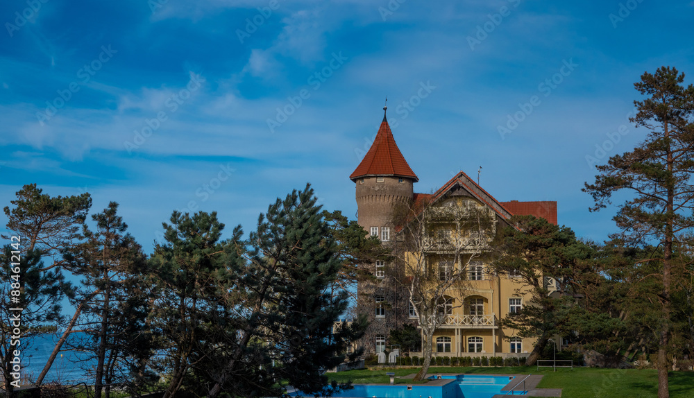 hotel building on sand dune, Leba beach, Baltic Sea, Poland