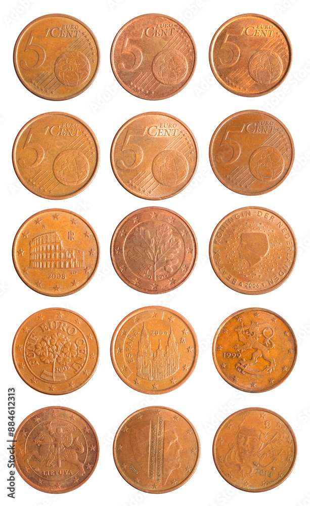 Isolated png photo of 5 various countries euro cent copper plated steel coins on transparent background. Isolated png photo of 5 various countries euro cent copper plated steel coins on transparent background.