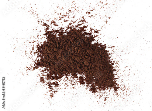 Milled coffee powder pile, isolated on white, top view