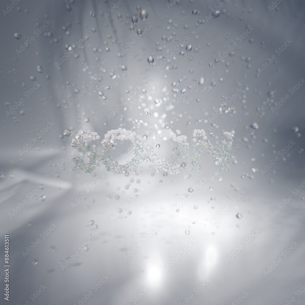 coming soon, Abstract background of sparkling crystals on a white background collects text. Diamond lettering, loop 3d animation