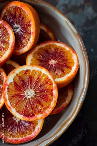 Fresh Sanguinelli Blood Orange in a bowl, Top View, Golden Ratio, Natural Light photo