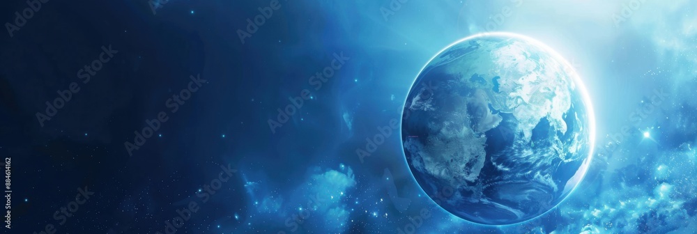 International Day Ozone Layer. Horizontal banner. Planet earth surrounded by clouds. The problem of climate change. Concept of environmental problems and global warming. Free space for text International Day Ozone Layer. Horizontal banner. Planet earth surrounded by clouds. The problem of climate change. Concept of environmental problems and global warming. Free space for text