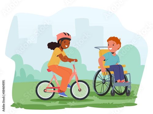 Two Children Enjoying Outdoor Activities. One Child Is Riding A Bicycle, And The Other Is In A Wheelchair, Vector Scene