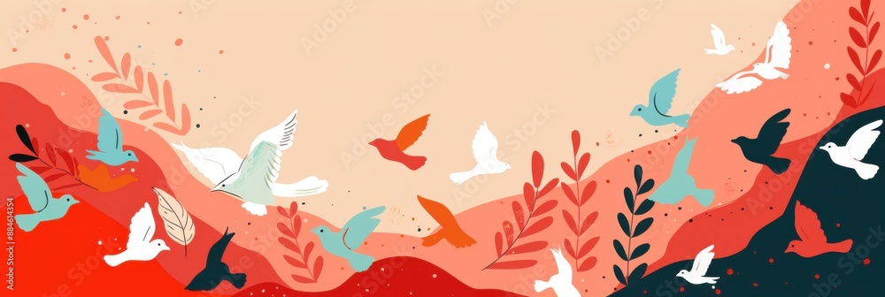 International day of peace. Horizontal banner. White, blue and red birds on a pink background. Flat illustration. Peace and freedom concept. Stop the war. Free space for text International day of peace. Horizontal banner. White, blue and red birds on a pink background. Flat illustration. Peace and freedom concept. Stop the war. Free space for text