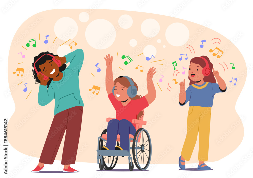 Three Cheerful Children, Including One In A Wheelchair, Enjoying Music With Headphones. Kids Are Dancing And Smiling Three Cheerful Children, Including One In A Wheelchair, Enjoying Music With Headphones. Kids Are Dancing And Smiling