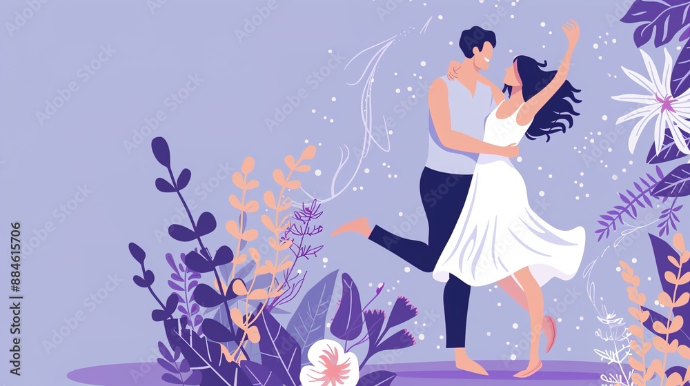 Happy Couple Dancing in Love on Beautiful Lavender Background Happy Couple Dancing in Love on Beautiful Lavender Background