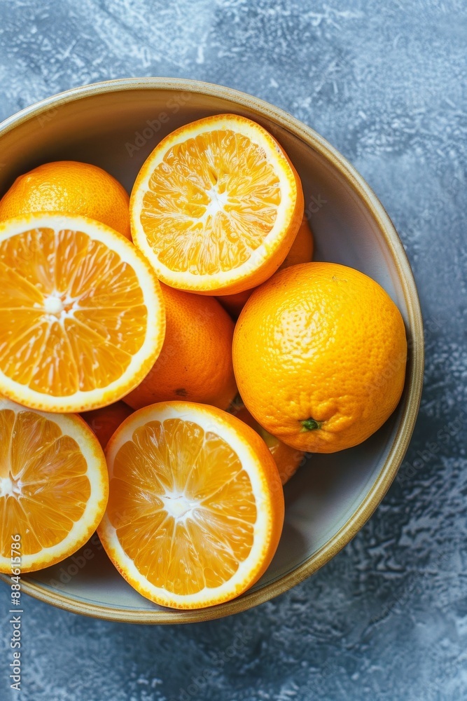 Fototapeta premium Fresh Sunkist Orange in a bowl, Top View, Golden Ratio, Natural Light