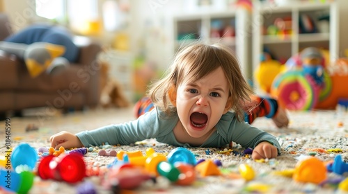 A toddler throwing a tantrum on the floor, with colorful toys scattered around