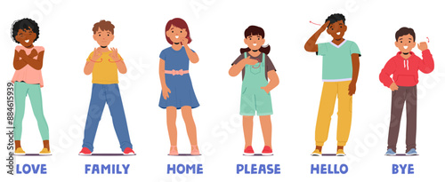 Group Of Diverse Children Showcasing Common Sign Language Phrases Such As Love, Family, Home, Please, Hello, And Bye