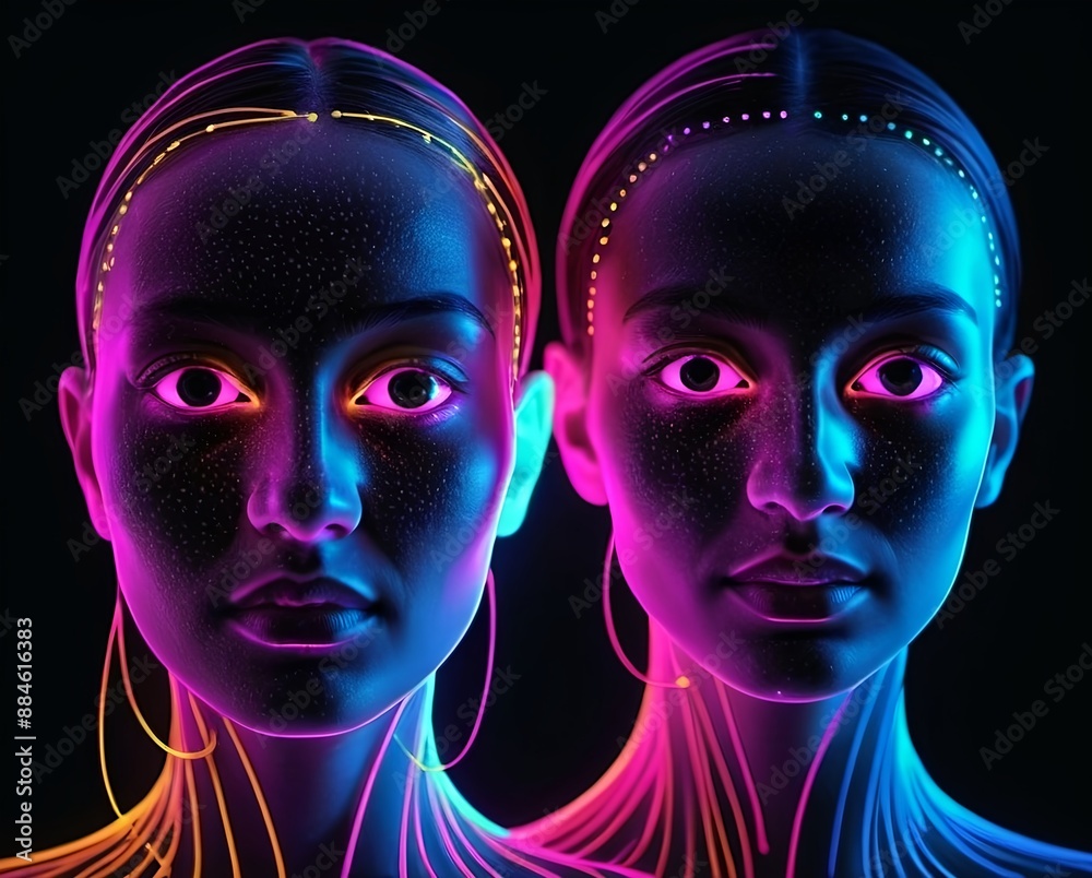 Faces of two young women with reflection of the blue and purple light on the the dark background with fluorescent effect