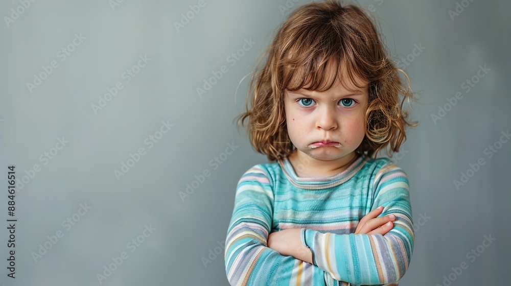 Disappointed Child Portrait with Arms Crossed Against Plain Background Disappointed Child Portrait with Arms Crossed Against Plain Background