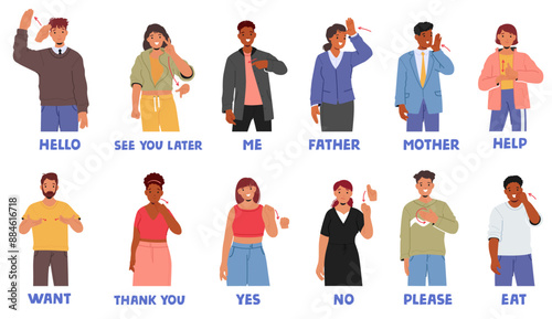 Diverse People Characters Demonstrating Basic Sign Language, Including Phrases Like Hello, Thank You, Help, See You
