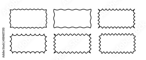 SeA collection of rectangular linear frames with wavy edges. Square shapes with zigzag borders. Set of black elements for design, decoration, banner, poster, label, tag, flyer. Vector illustration.