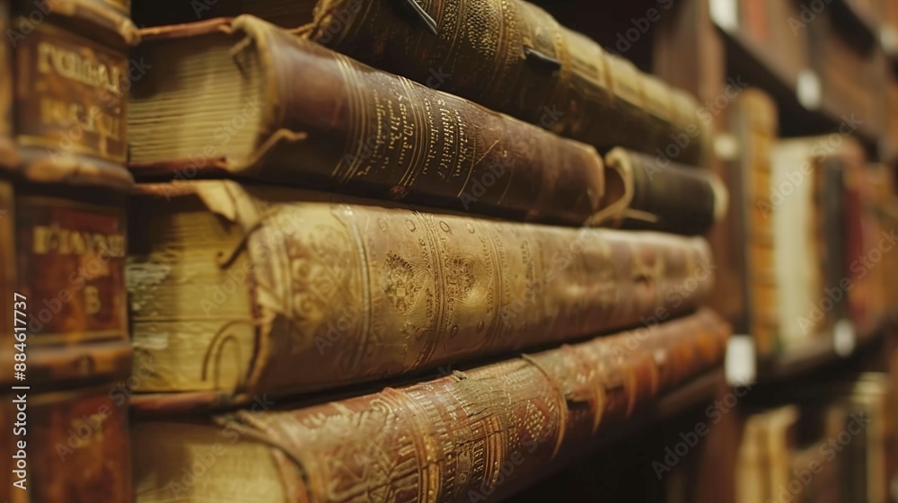 A close-up photograph of a stack of old, antique leather-bound books with ornate, gilded spines. The books are weathered, with signs of age such as faded colors, scratches, and worn edges. The intrica A close-up photograph of a stack of old, antique leather-bound books with ornate, gilded spines. The books are weathered, with signs of age such as faded colors, scratches, and worn edges. The intrica