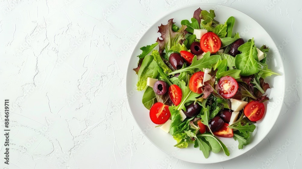 Plate of fresh salad with tomato olive and sweet pepper on white surface Bird s eye view Blank area available Plate of fresh salad with tomato olive and sweet pepper on white surface Bird s eye view Blank area available