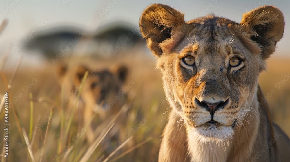 Obraz premium Lioness with cub in background