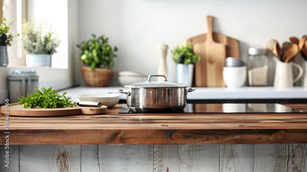 Clean kitchen table with cookware set Text space available Clean kitchen table with cookware set Text space available