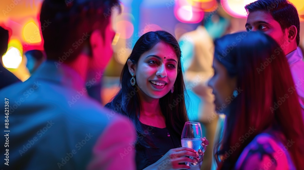 Vibrant Networking: Indian Professionals Connect at Stylish Business Event with Colorful Lighting Vibrant Networking: Indian Professionals Connect at Stylish Business Event with Colorful Lighting