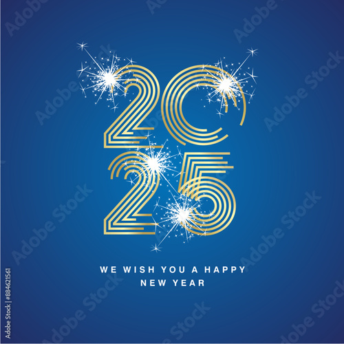 Happy New Year 2025 modern new trendy golden pop line design typography abstract numbers white sparke firework logo icon blue background vector.ai