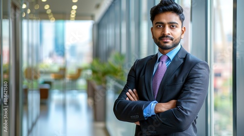 Successful Indian Business Leader Embracing Cityscape View from Office Window © KKC Studio