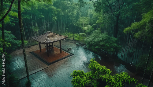 Templo oriental japonês no meio da Floresta densa arborizada com bambús na chuva densa e nevoeiro natureza paisagem Imagem aérea drone IA Generativa photo