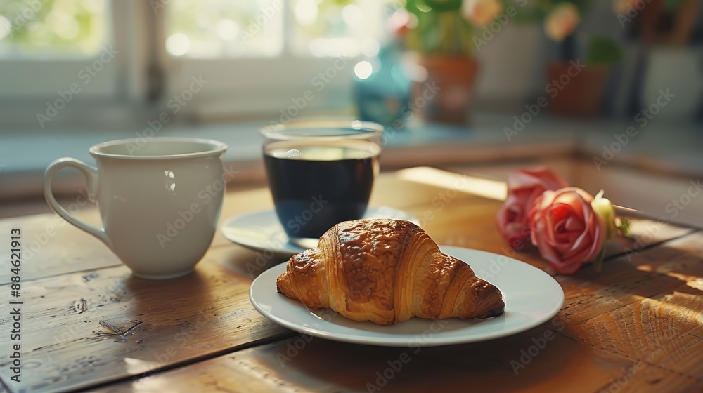 A cozy breakfast setup featuring a fresh croissant on a plate, a cup of coffee, and a pink rose on a wooden table bathed in morning light. A cozy breakfast setup featuring a fresh croissant on a plate, a cup of coffee, and a pink rose on a wooden table bathed in morning light.