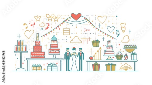 Wedding Celebration: A line art illustration of a wedding ceremony with a couple, cake, and decorations