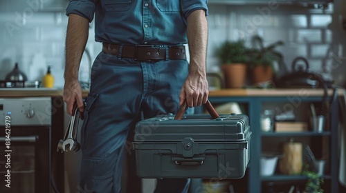 A person dressed in a work uniform holds a toolbox and a wrench, standing in a kitchen setup, ready to perform plumbing duties or repairs in a modern home setting.