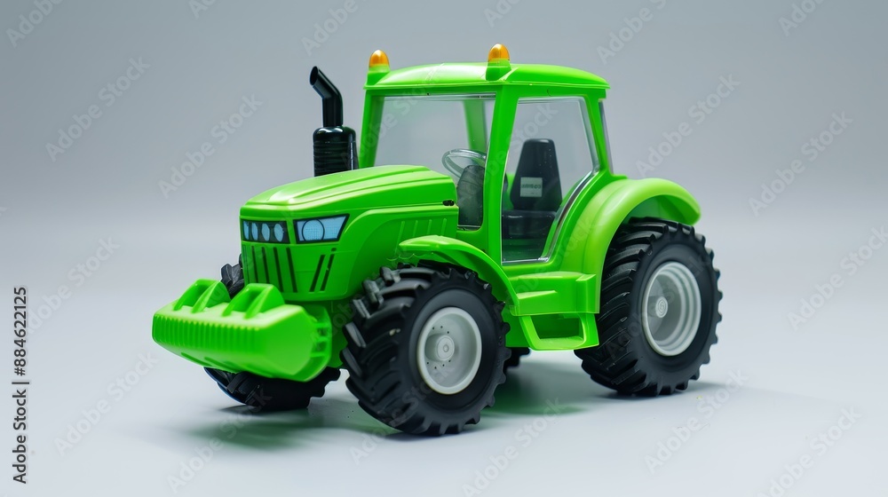 Green toy tractor on a white background. Plastic child toy. Construction vehicle. Toy tractor. Green toy tractor on a white background. Plastic child toy. Construction vehicle. Toy tractor.