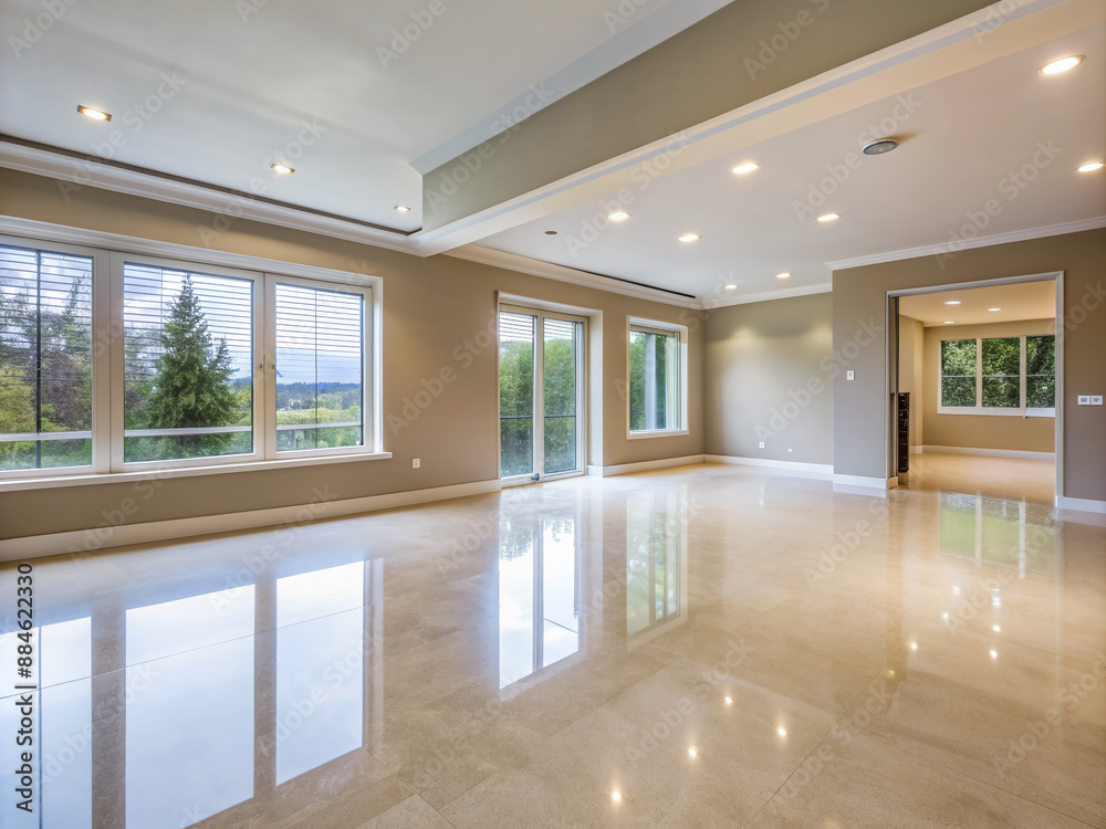 Obraz premium Empty modern unfurnished living room with light beige walls, grey floor, and large windows, providing ample natural light and copious copy space for text overlay.