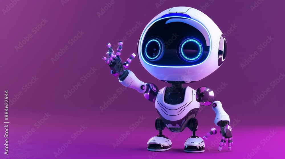 3D robot in purple background with hand up, expressing hello or support. Friendly chatbot renders for technology and robotic toy concepts. 3D robot in purple background with hand up, expressing hello or support. Friendly chatbot renders for technology and robotic toy concepts.