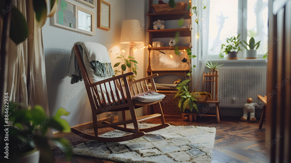 Fototapeta premium A cozy living room with a rocking chair and a rug