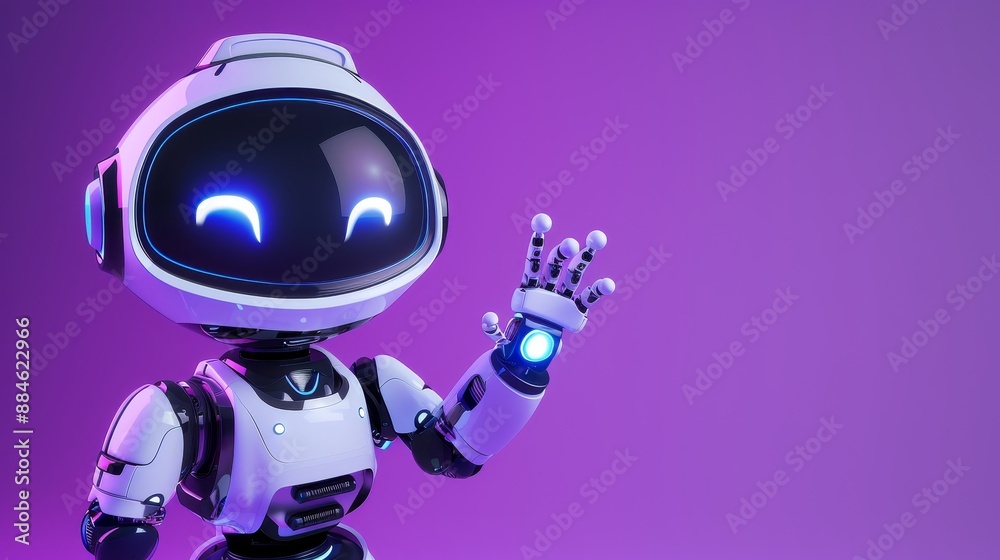 3D robot in purple background with hand up, expressing hello or support. Friendly chatbot renders for technology and robotic toy concepts. 3D robot in purple background with hand up, expressing hello or support. Friendly chatbot renders for technology and robotic toy concepts.