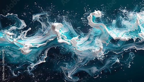 High contrast splashes of white and teal on a dark navy background, creating a bold and modern aesthetic.