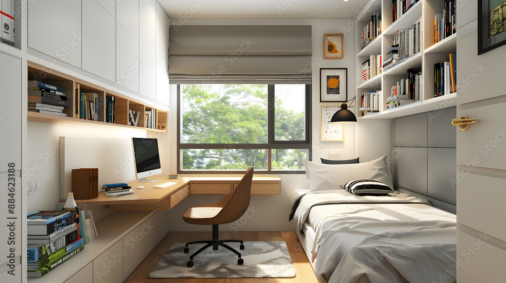 A bedroom with a desk and a chair, a computer, and a bookshelf A bedroom with a desk and a chair, a computer, and a bookshelf