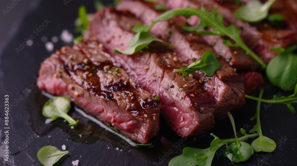 The national cuisine of Japan. Steak with watercress salad.