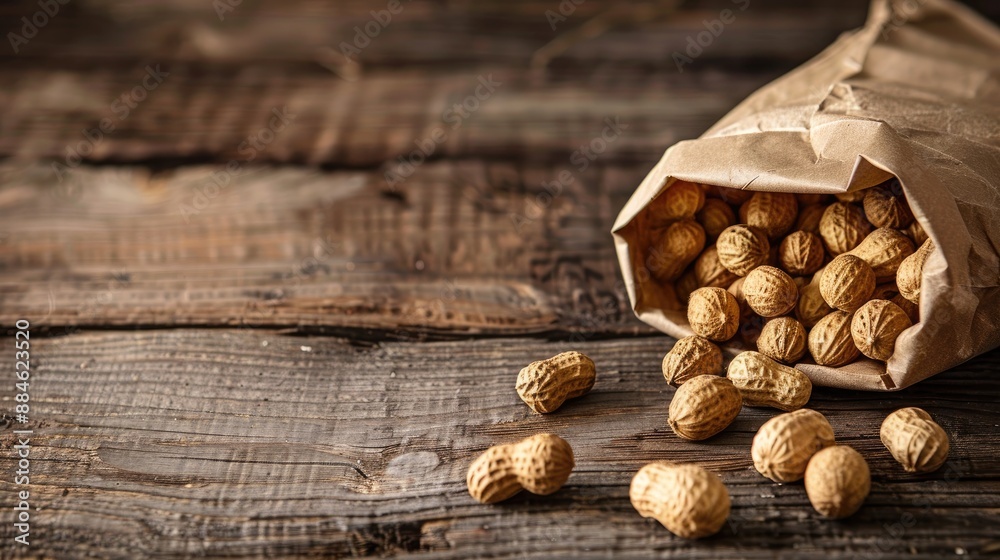 Peanuts displayed on a wooden surface in a paper bag