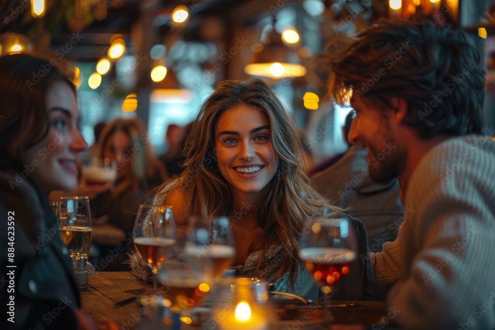Fototapeta premium Friends enjoying drinks at a cozy bar. Warm lighting and laughter create a lively atmosphere.