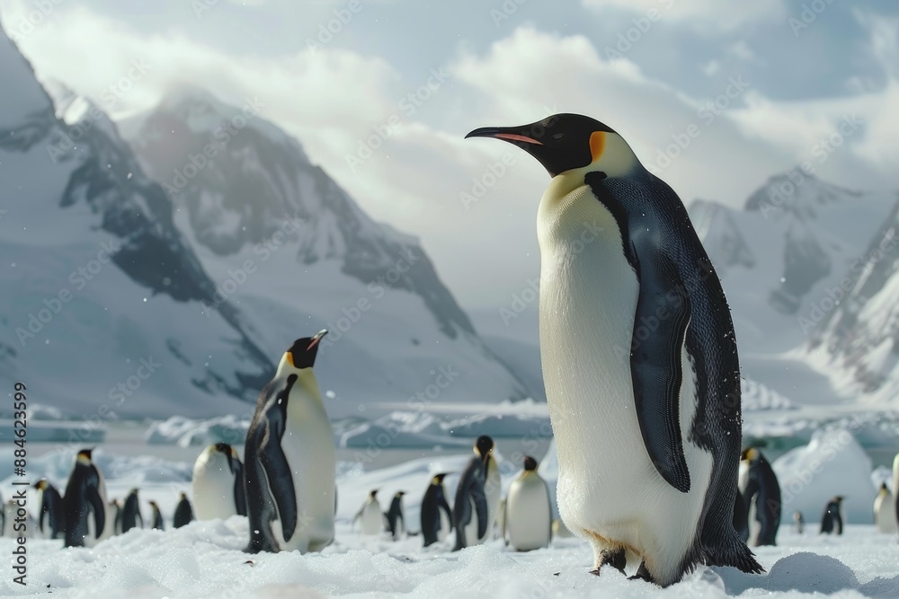 Obraz premium A majestic emperor penguin stands tall in Antarctica, surrounded by its colony. Snowy mountains loom in the background.