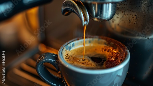 Fresh espresso is being poured into a grey ceramic cup from a coffee machine, capturing the rich crema on top and the vibrant color of the coffee. Perfect for coffee enthusiasts.