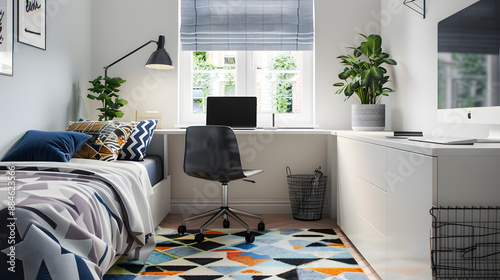 A small room with a desk and chair, a television, and a potted plant