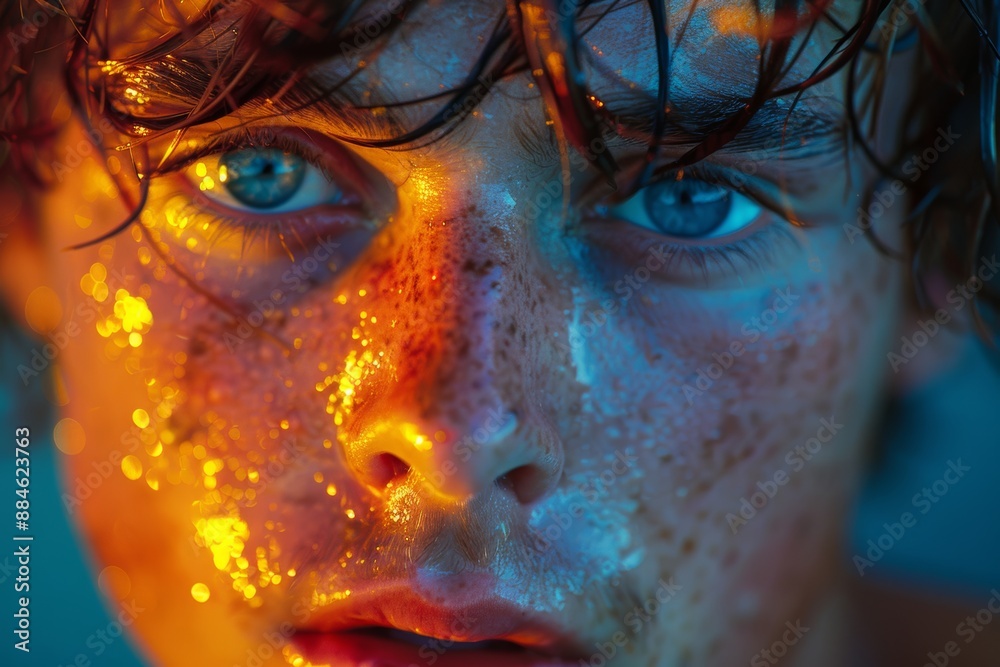 Intense close-up of eyes with vibrant orange and blue lighting. Glitter on skin creates magical contrast. Intense close-up of eyes with vibrant orange and blue lighting. Glitter on skin creates magical contrast.
