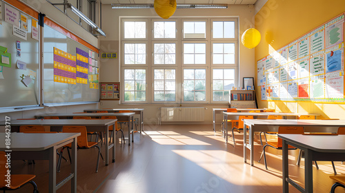 A classroom with a projector screen and a whiteboard photo