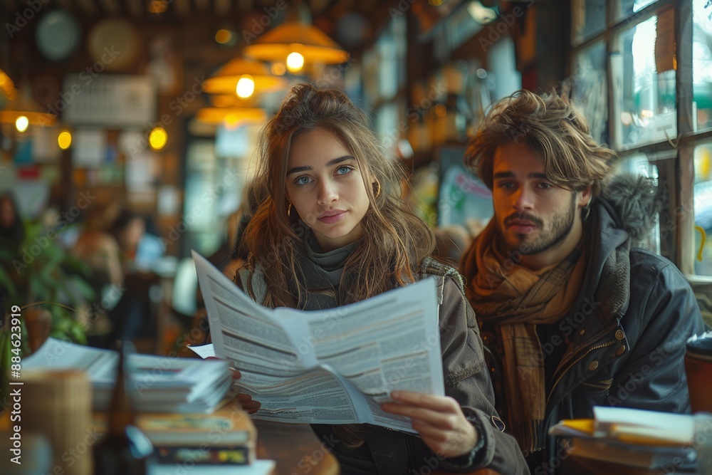 A cozy café scene: young couple reading a newspaper together. Warm lighting, intimate atmosphere. A cozy café scene: young couple reading a newspaper together. Warm lighting, intimate atmosphere.