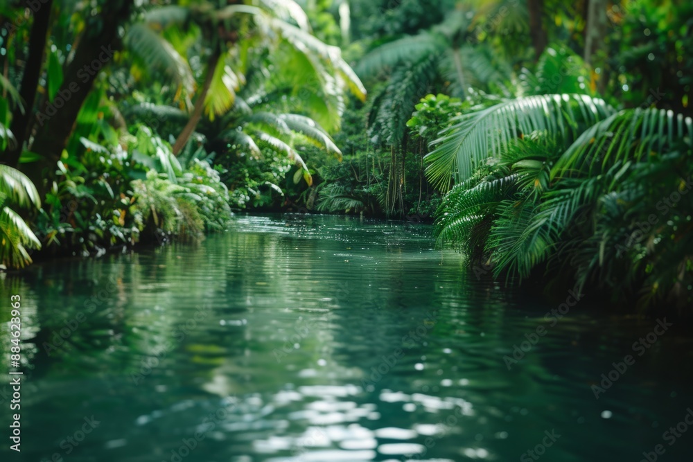 Lush jungle river surrounded by palms and ferns. Calm green water reflects tropical paradise. Serene and wild. Lush jungle river surrounded by palms and ferns. Calm green water reflects tropical paradise. Serene and wild.