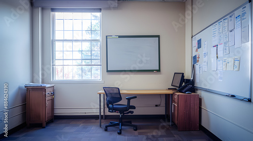 A classroom with a white board and a desk